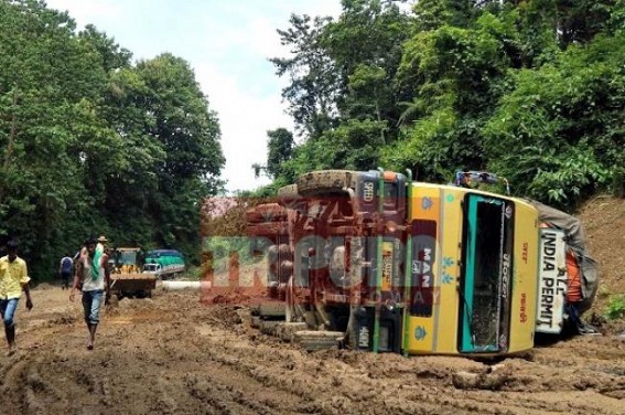 Tripuraâ€™s dilapidated transportation paralyze State :  One Truck turned over at Churaibari, resentment brewing  among drivers against increasing accidents over NH 44